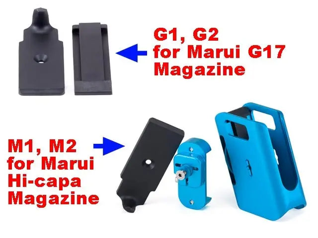 AIP aluminium magasinholder til G17, blå, set forfra, skråt højre