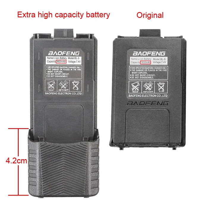 Baofeng 3800 mAh batteri, Sort, sammenlignet med standardbatteri