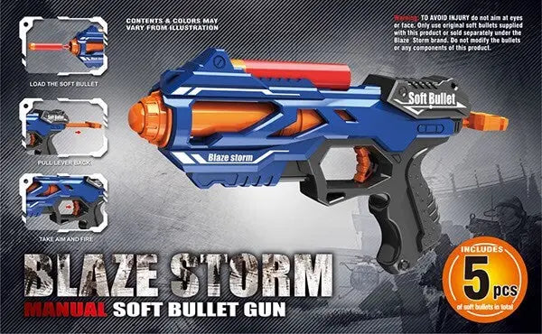 Blaze Storm Pistol med store pile vist i en detaljeret produktpræsentation.