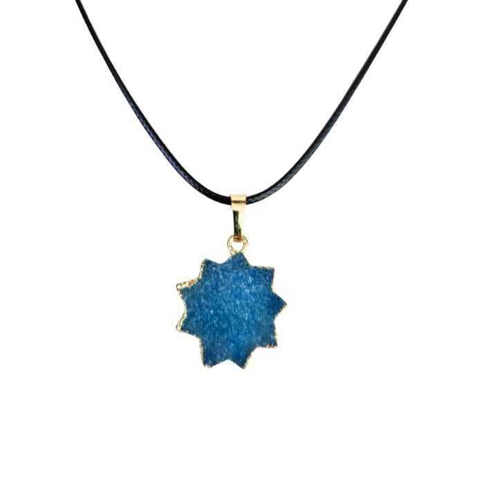 Blue druzy agate star pendant necklace on wax cord, view 3