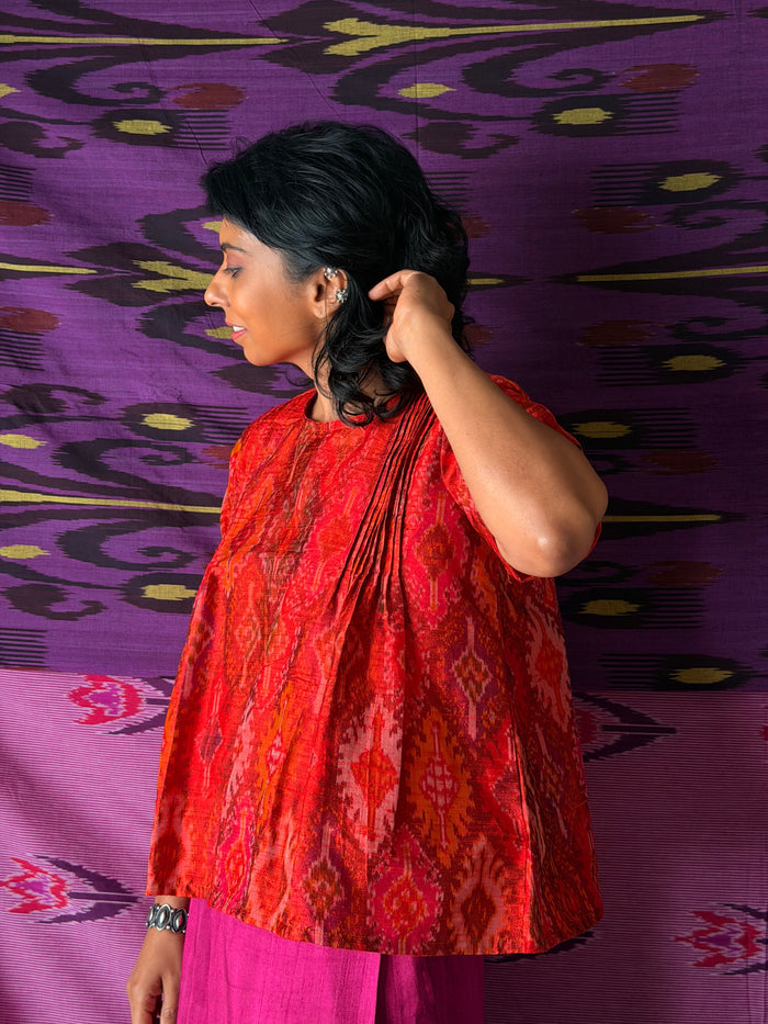 Elements Sunrise Pleated Ikat Top - Crimson