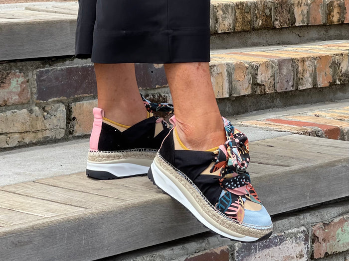 Quality European made women's shoes. Luxe sport sneaker style made in Spain. Comfortable shoe with espadrille detail. In Black multi.