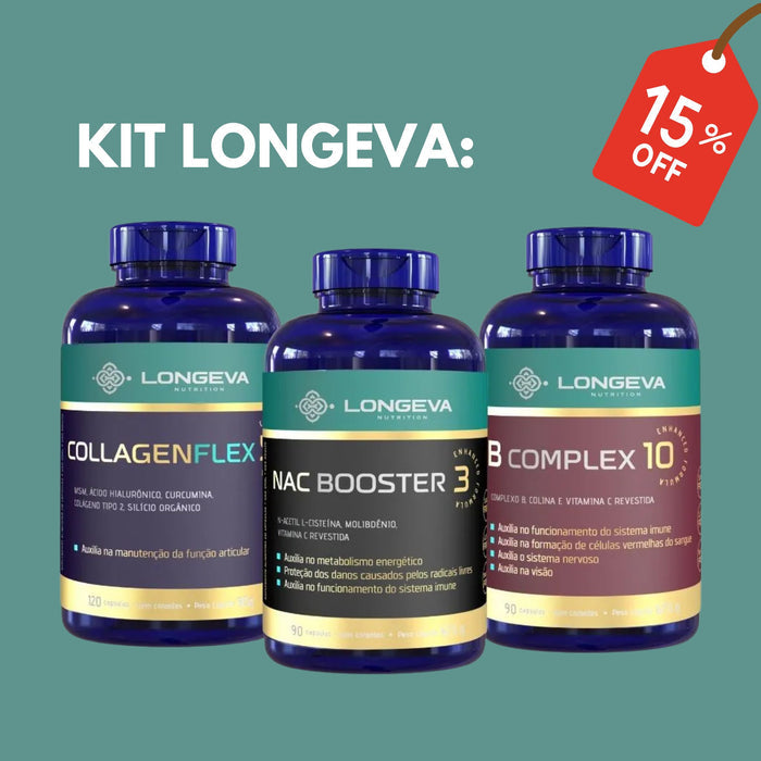 Kit Longeva: 1 Collagen Flex + 1 NAC Booster + 1 Complexo B