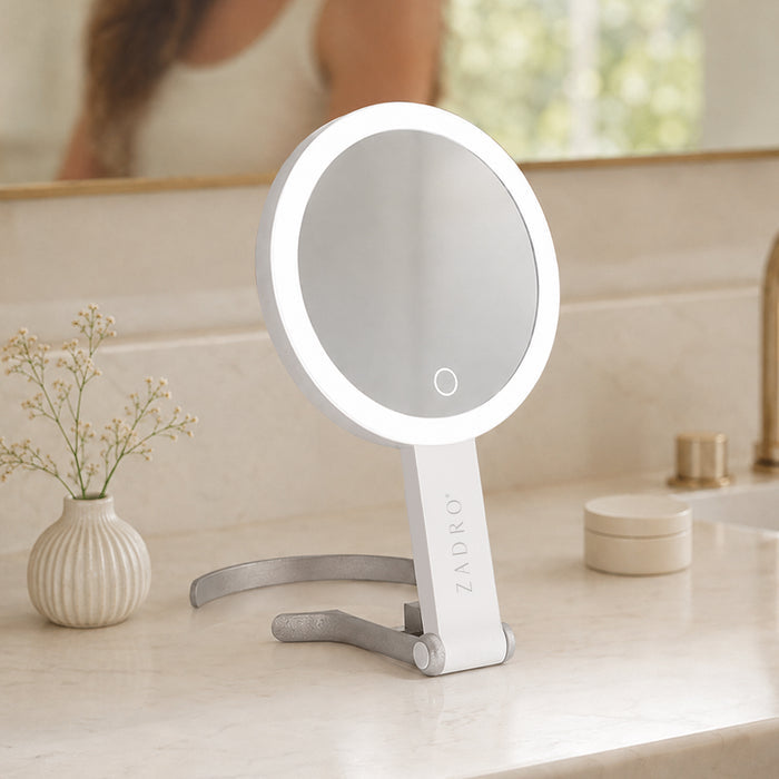 LED Lighted Travel-Ready Hand Mirror with Magnification and Multi-Position Stand