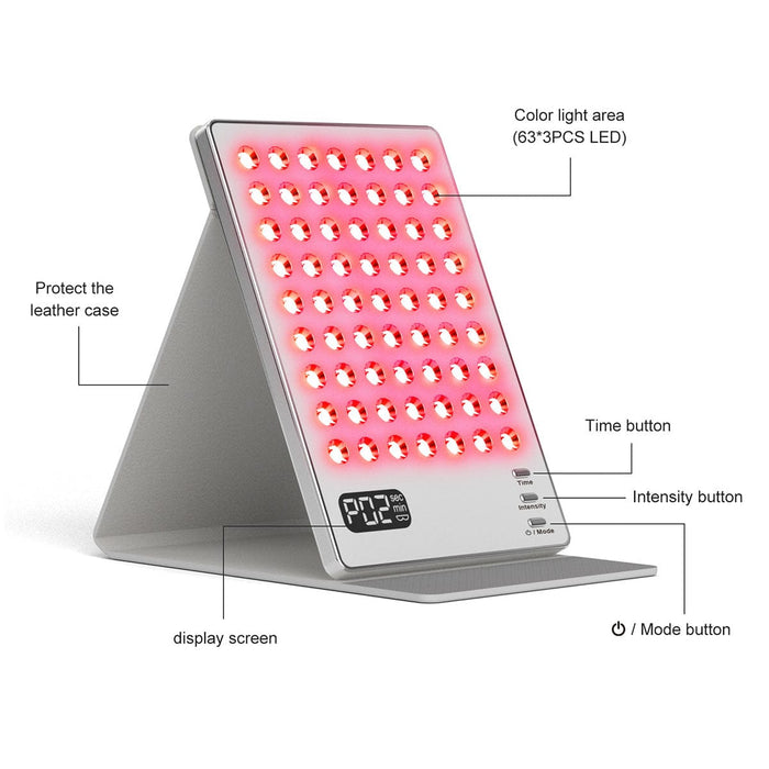 LED light therapy panel for face and body; rechargeable red blue and near-infrared light panel; LED skincare panel with protective eyewear; adjustable LED light therapy panel with timer; 63 LED face and body light panel; cordless skincare light panel with three intensity levels; LED therapy panel with protective cover; home LED light panel with four modes