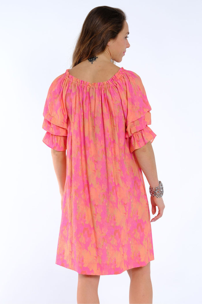 Women's pink ruffle sleeve dress in knee length style