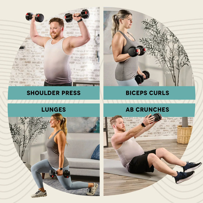 Four-panel infographic showing shoulder press, biceps curls, lunges, and ab crunches performed with the PowerUp Dumbbells.