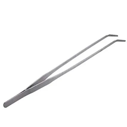 Silver stainless steel curved tweezers with smooth polished finish and slightly curved tips for precision handling