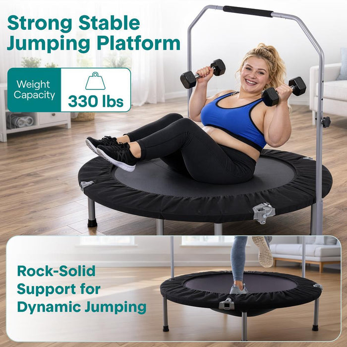 40" Foldable Mini Trampoline, Low-Impact Workout, Adjustable Handrail