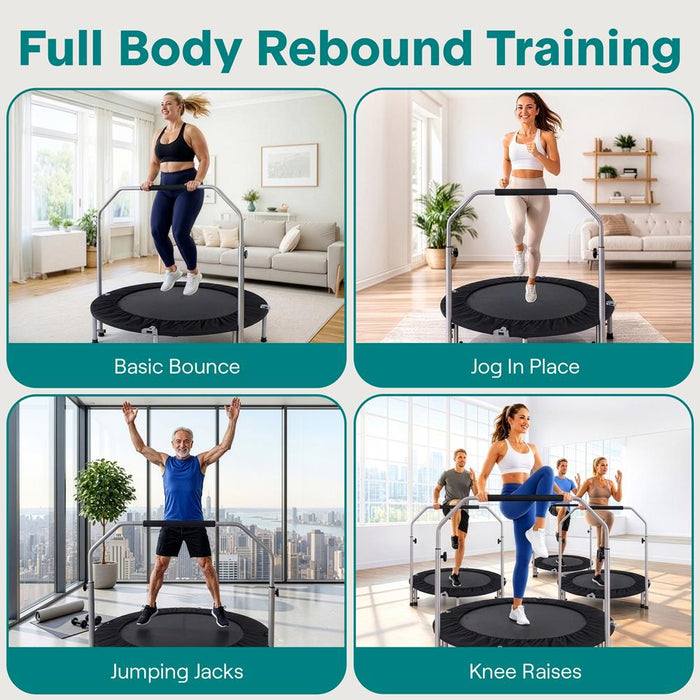 40" Foldable Mini Trampoline, Low-Impact Workout, Adjustable Handrail