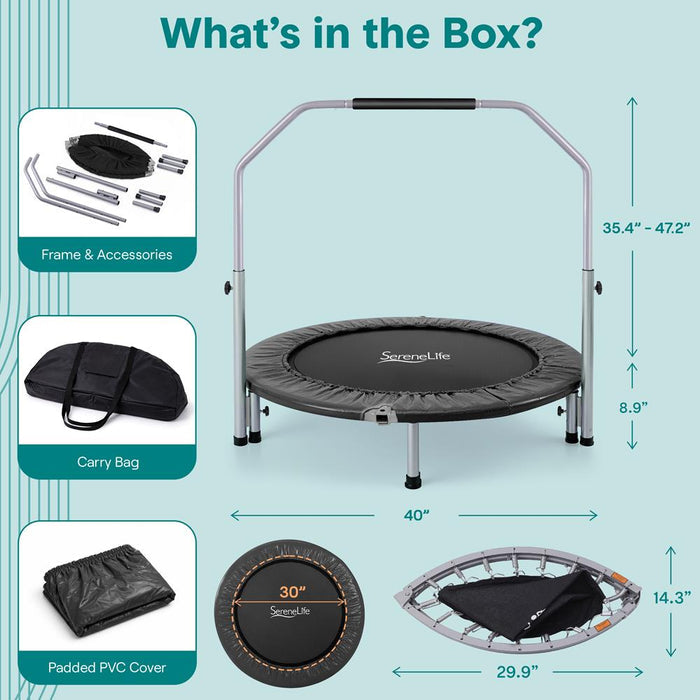 40" Foldable Mini Trampoline, Low-Impact Workout, Adjustable Handrail
