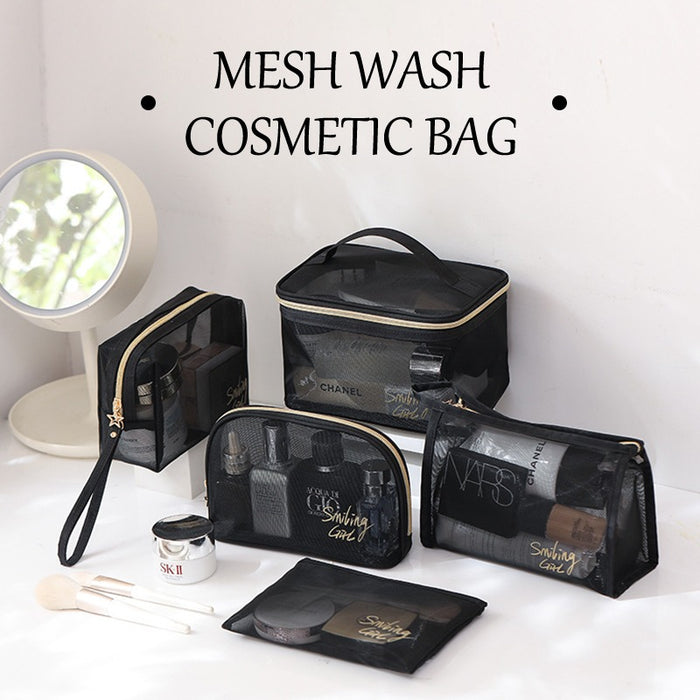 Set of black mesh wash cosmetic bags with visible branding on a white surface.