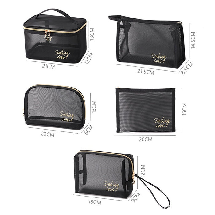 5 Pack Mesh Makeup Bag Combo – Transparent Travel Cosmetic & Toiletry Organizers