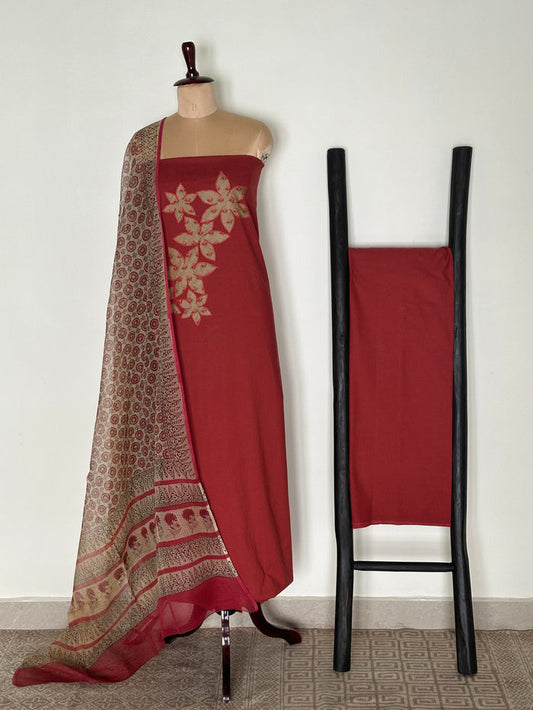 Amaryllis Unstitched Cotton Kurta Set - Terracotta