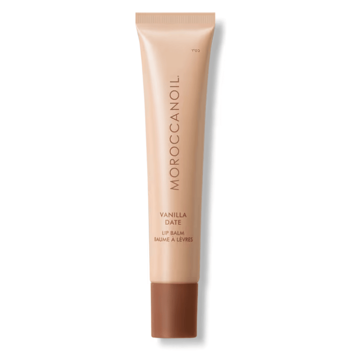 Argan Butter Lip Balm | Moroccanoil in a sleek beige and brown tube, designed for nourishing and moisturizing lips with a vanilla scent.