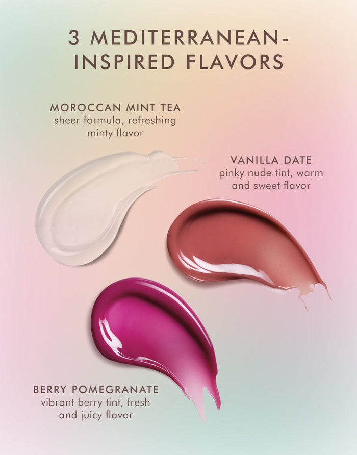 Three swatches of Mediterranean-inspired lip balm flavors for Argan Butter Lip Balm | Moroccanoil in Moroccan Mint Tea, Vanilla Date, and Berry Pomegranate shades on a soft gradient background.