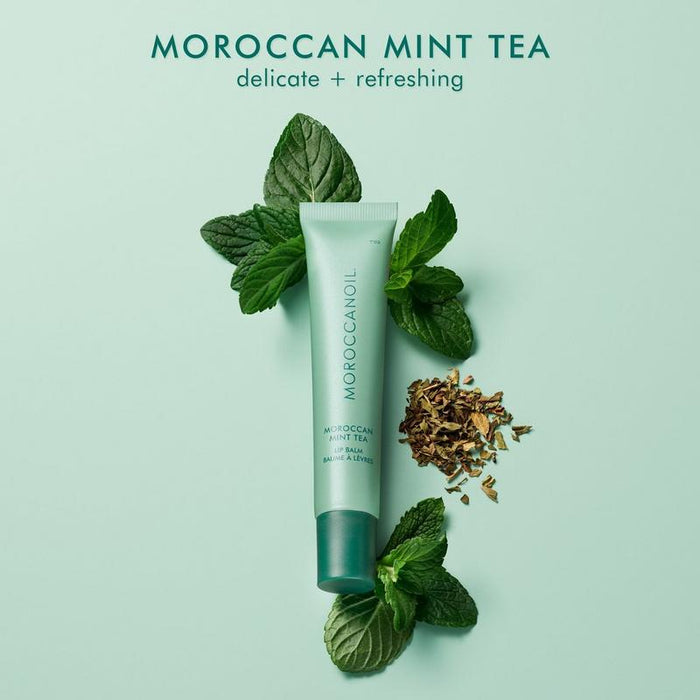 Argan Butter Lip Balm | Moroccanoil displayed with fresh mint leaves and tea leaves on a light green background conveying a delicate and refreshing skincare product.