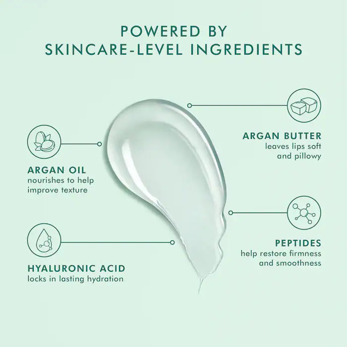 Close-up of a skincare ingredient graphic highlighting argan oil, argan butter, hyaluronic acid, and peptides with benefits, promoting Argan Butter Lip Balm | Moroccanoil.