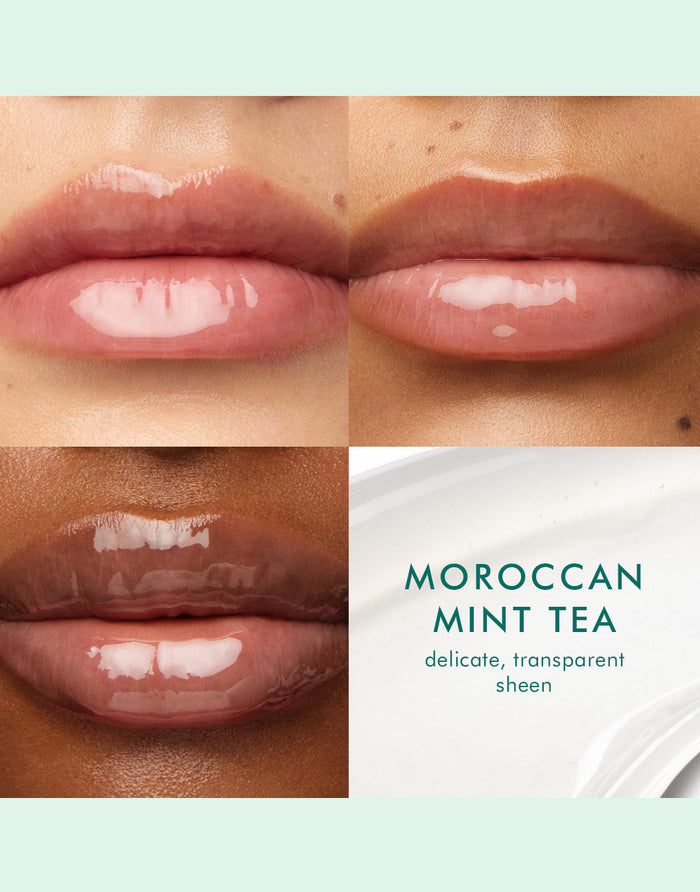 Close-up views of diverse lips with a delicate transparent sheen from the Argan Butter Lip Balm | Moroccanoil in Moroccan Mint Tea, highlighting natural lip hydration and softness.