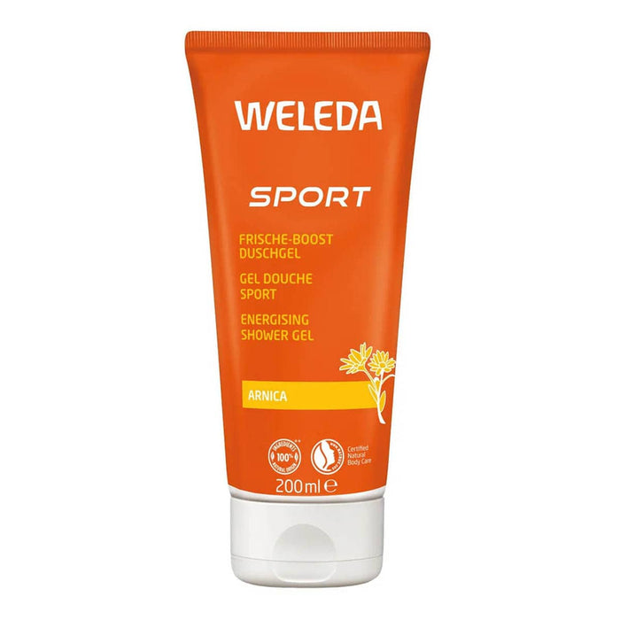 Orange Weleda Sport shower gel tube on a white background