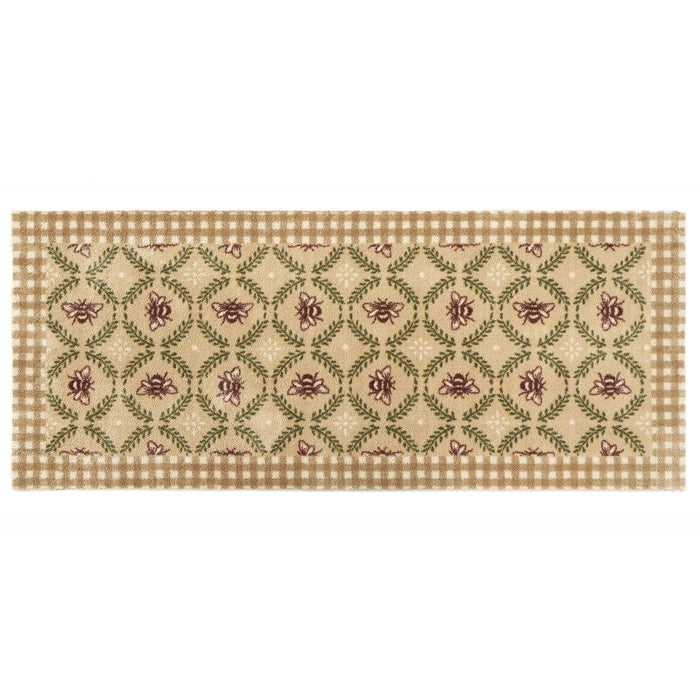 Beehive Beige Charity Runner- 100% recycled cotton runner featuring a collection of bees surrounded by green laurel branches in an oval pattern
