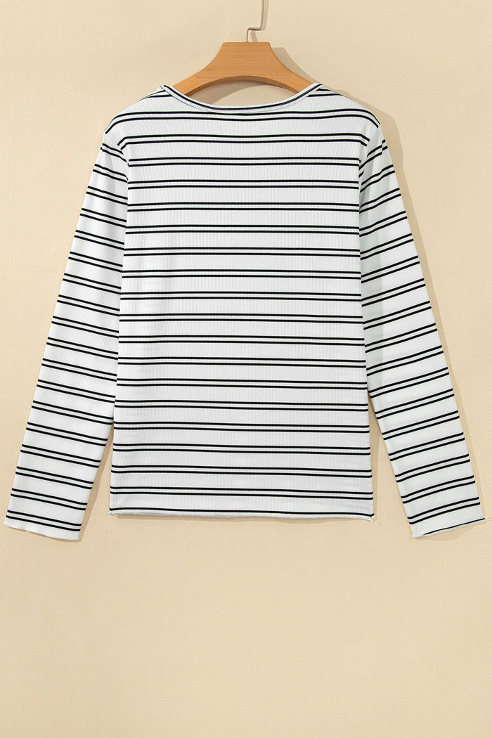 Beige Stripe Ribbed Knit Round Neck Long Sleeve Top