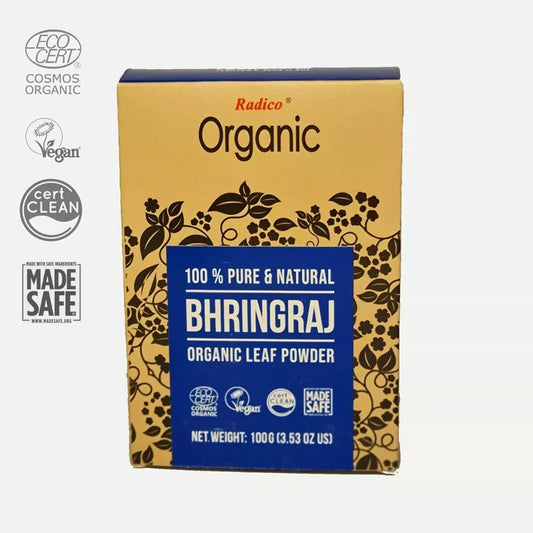 Box of Radico Organic Bhringraj Leaf Powder with certification logos - 100g