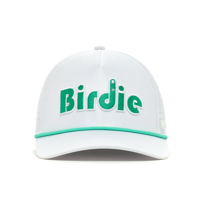 The Birdie Finger Performance Golf Rope Hat is a white snapback with "Birdie" in bold green and white letters, green brim trim, ventilation holes for comfort, and made from sweat stain resistant performance material.