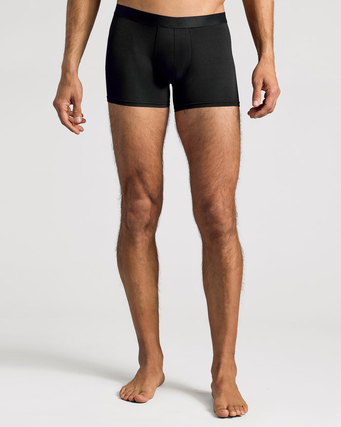 Black Boxer Trunks 3-Pack on a model's legs, showcasing mid-thigh length.