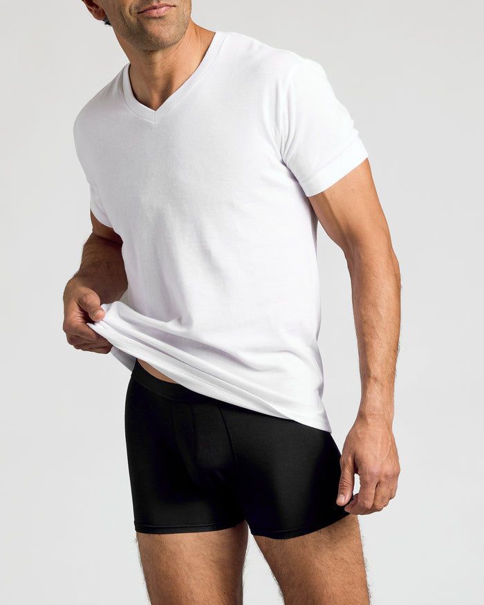 Man wearing Black Boxer Trunks 3-Pack, showcasing waistband and fit.