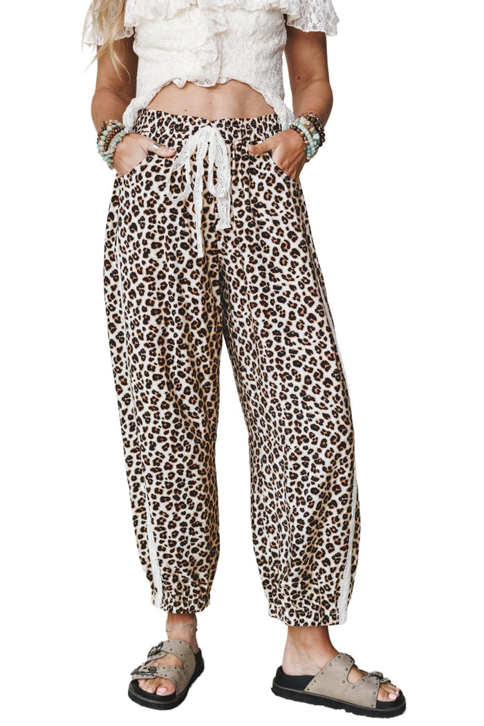 Black Leopard Print Ankle-Length Elastic Waist Pants