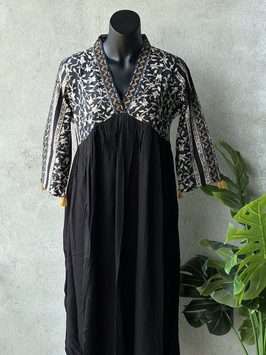 Black Printed cotton collar neck gown