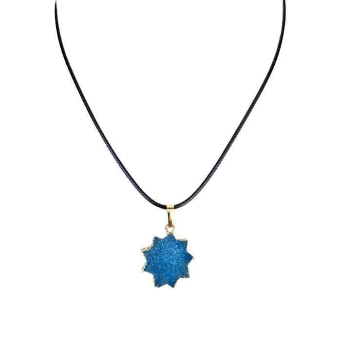 Blue druzy agate star pendant necklace on a wax cord