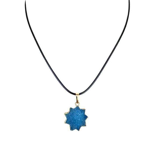 Blue druzy agate star pendant necklace on a wax cord