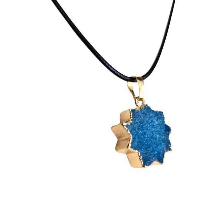 Blue druzy agate star pendant necklace on wax cord, view 2