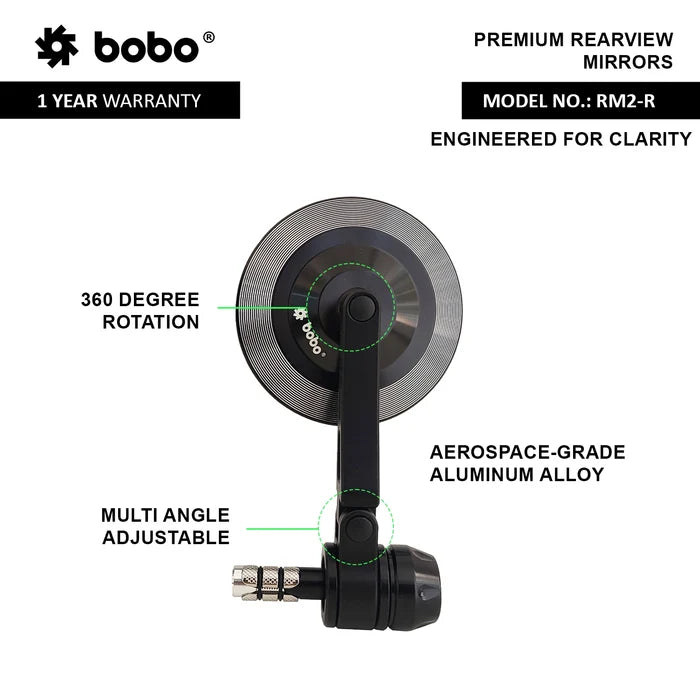 BOBO Round Bar End Mirrors for Motorcycles
BOBO Round Rear View Mirrors for Bikes with Bar-End Mounting