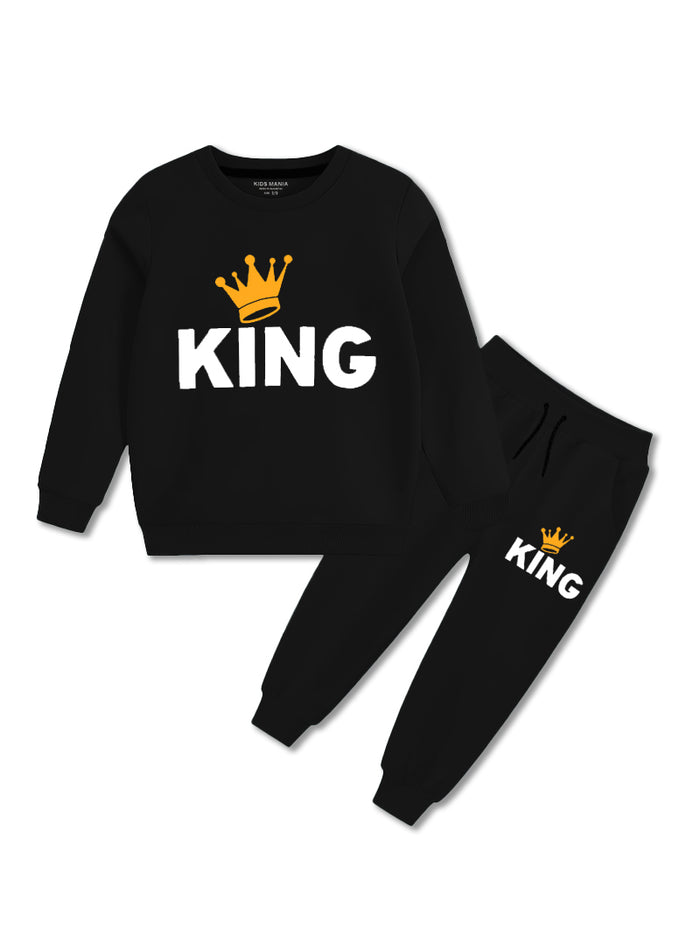 Boys King Crown Printed Black Winter Tracksuit