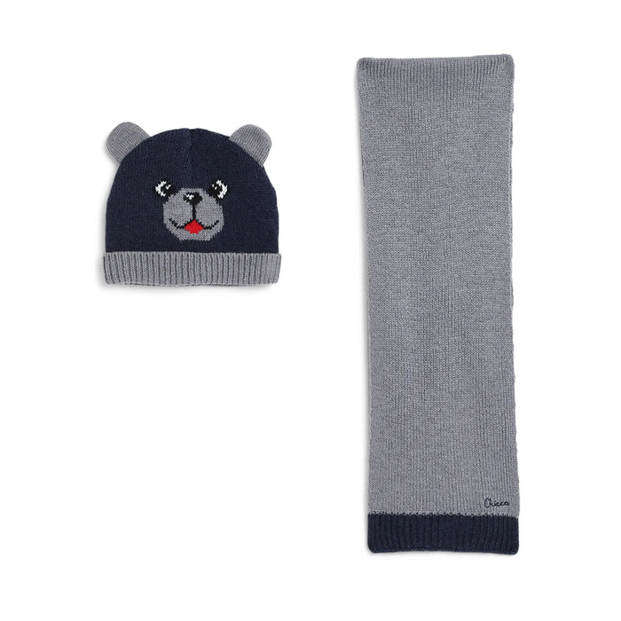 Boys Navy Blue & Grey Woollen Hat with Scarf