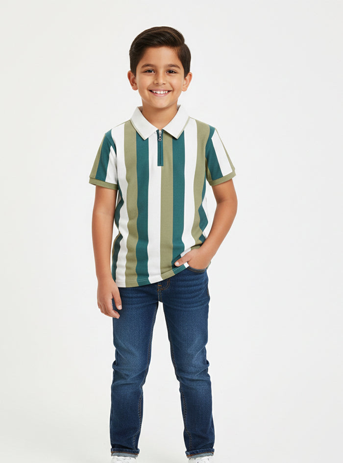 Boys Striped Polo Zipper T Shirt