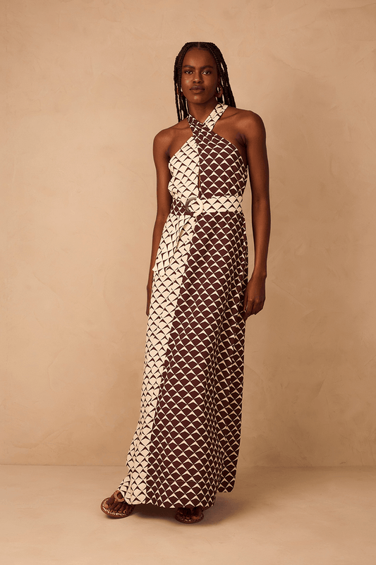 Brown Asa Delta Halter Neck Belt Maxi Dress_1