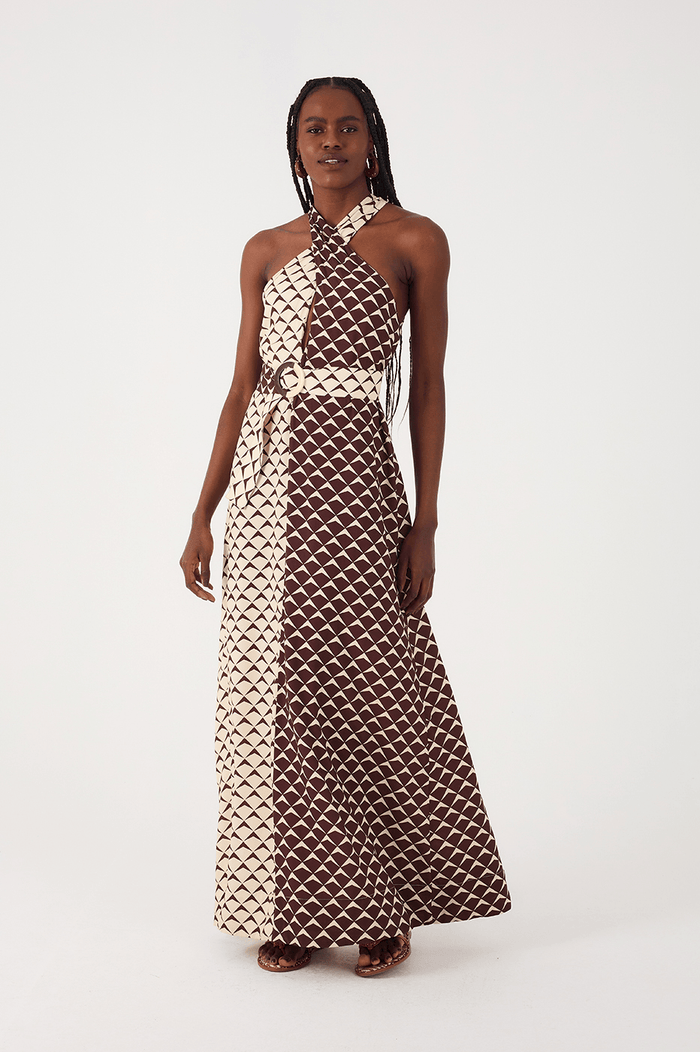 Brown Asa Delta Halter Neck Belt Maxi Dress_2