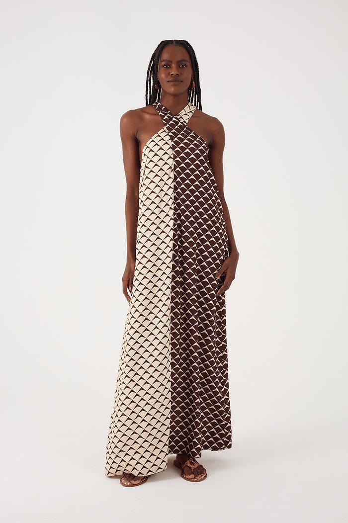 Brown Asa Delta Halter Neck Belt Maxi Dress_3