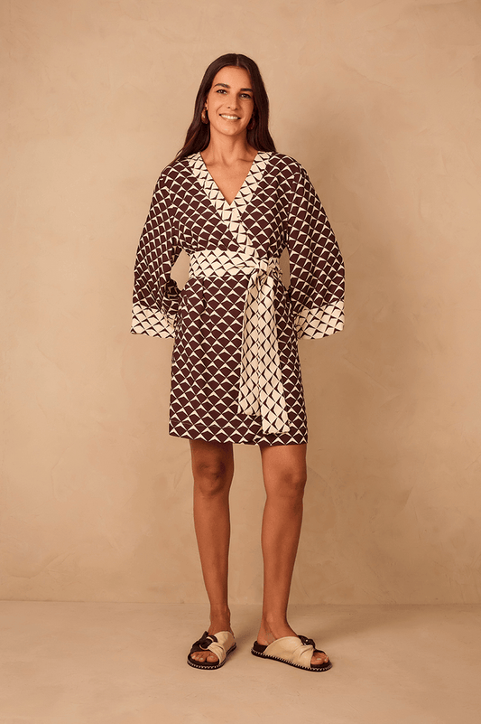 Brown Asa Delta Wrap Kimono Mini Dress_1