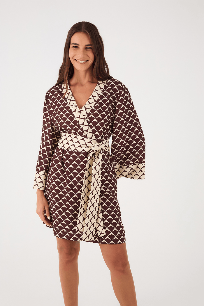 Brown Asa Delta Wrap Kimono Mini Dress_2