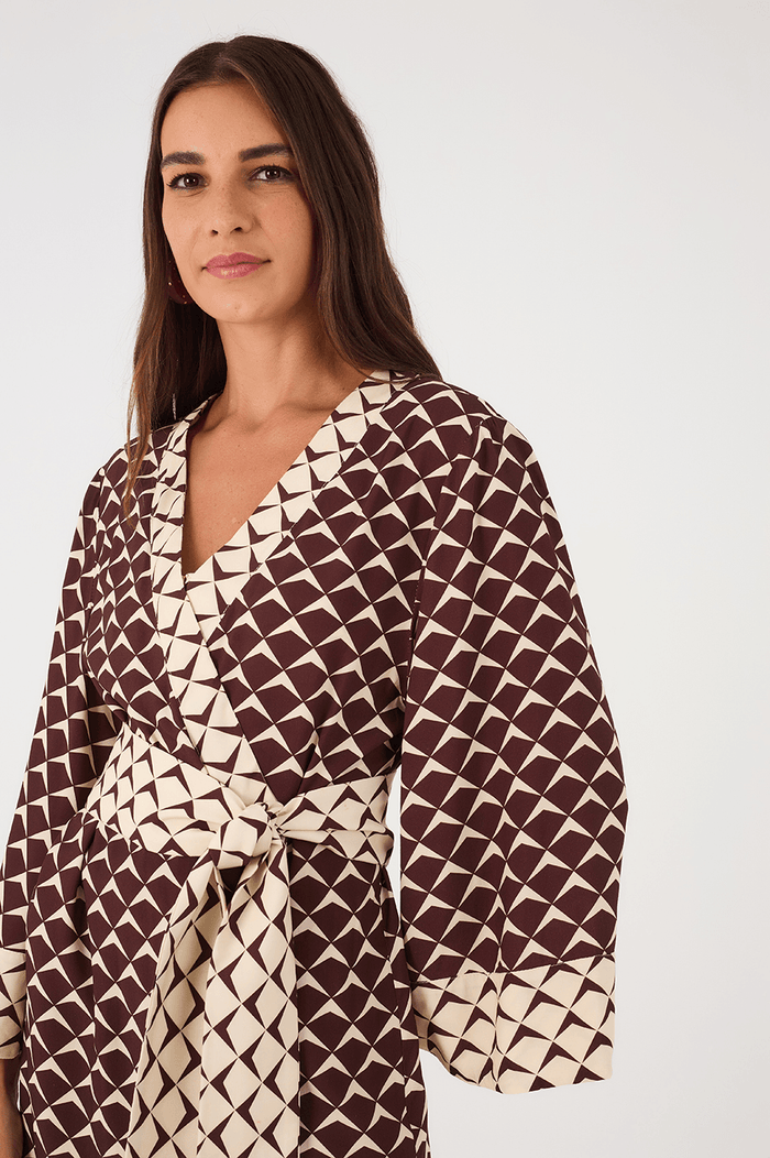Brown Asa Delta Wrap Kimono Mini Dress_3