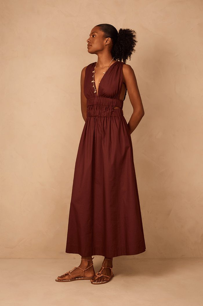 Brown Caffeine Plunging Neck Elastic Straps Cotton Maxi Dress_1