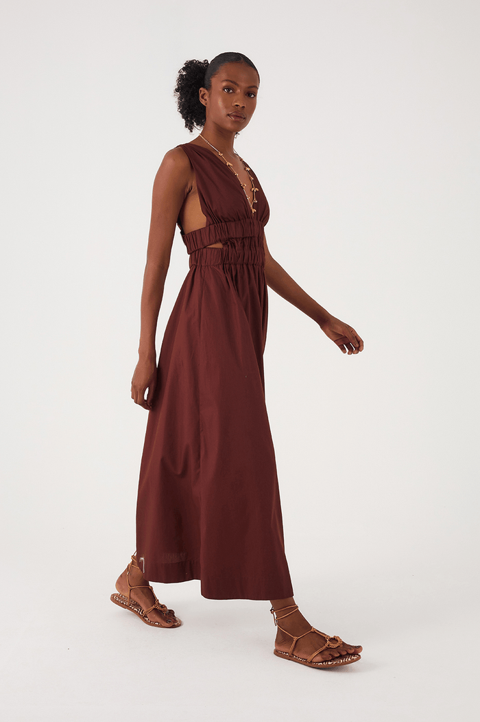 Brown Caffeine Plunging Neck Elastic Straps Cotton Maxi Dress_2