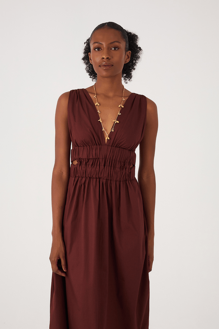 Brown Caffeine Plunging Neck Elastic Straps Cotton Maxi Dress_3