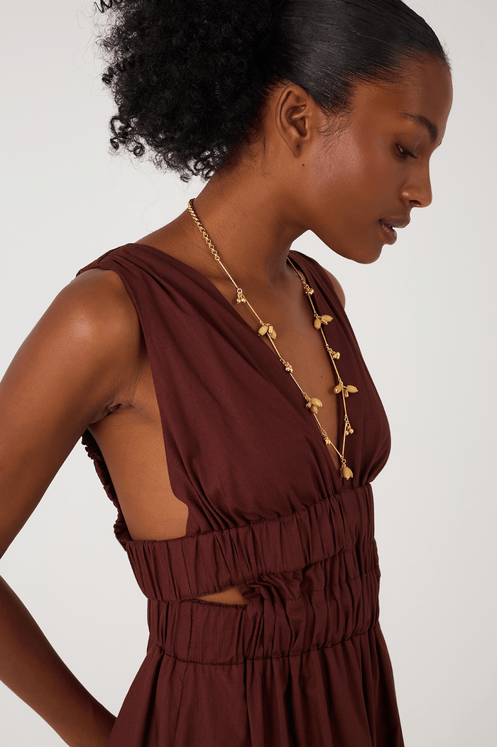 Brown Caffeine Plunging Neck Elastic Straps Cotton Maxi Dress_4