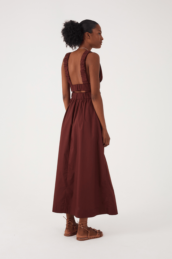 Brown Caffeine Plunging Neck Elastic Straps Cotton Maxi Dress_5